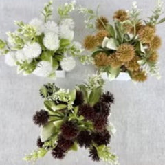 Huitich artificial mini yellow plastic flower ball in white brown and dark brown colors with green leaves