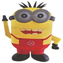 Inflatable Minion character with yellow head, red body, round eyes, big grin