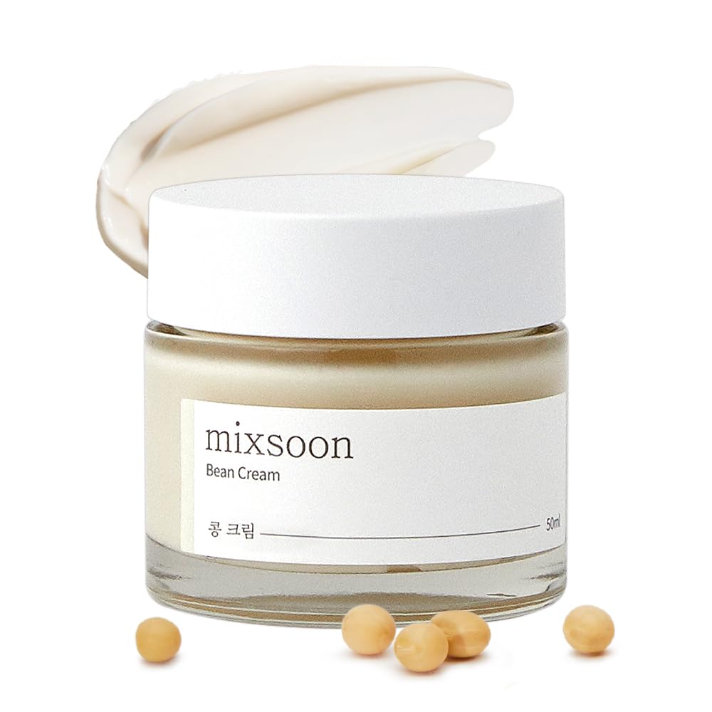 mixsoon Bean Cream jar with cream smear and soybeans illustrating deep pore and sebum control moisturizer