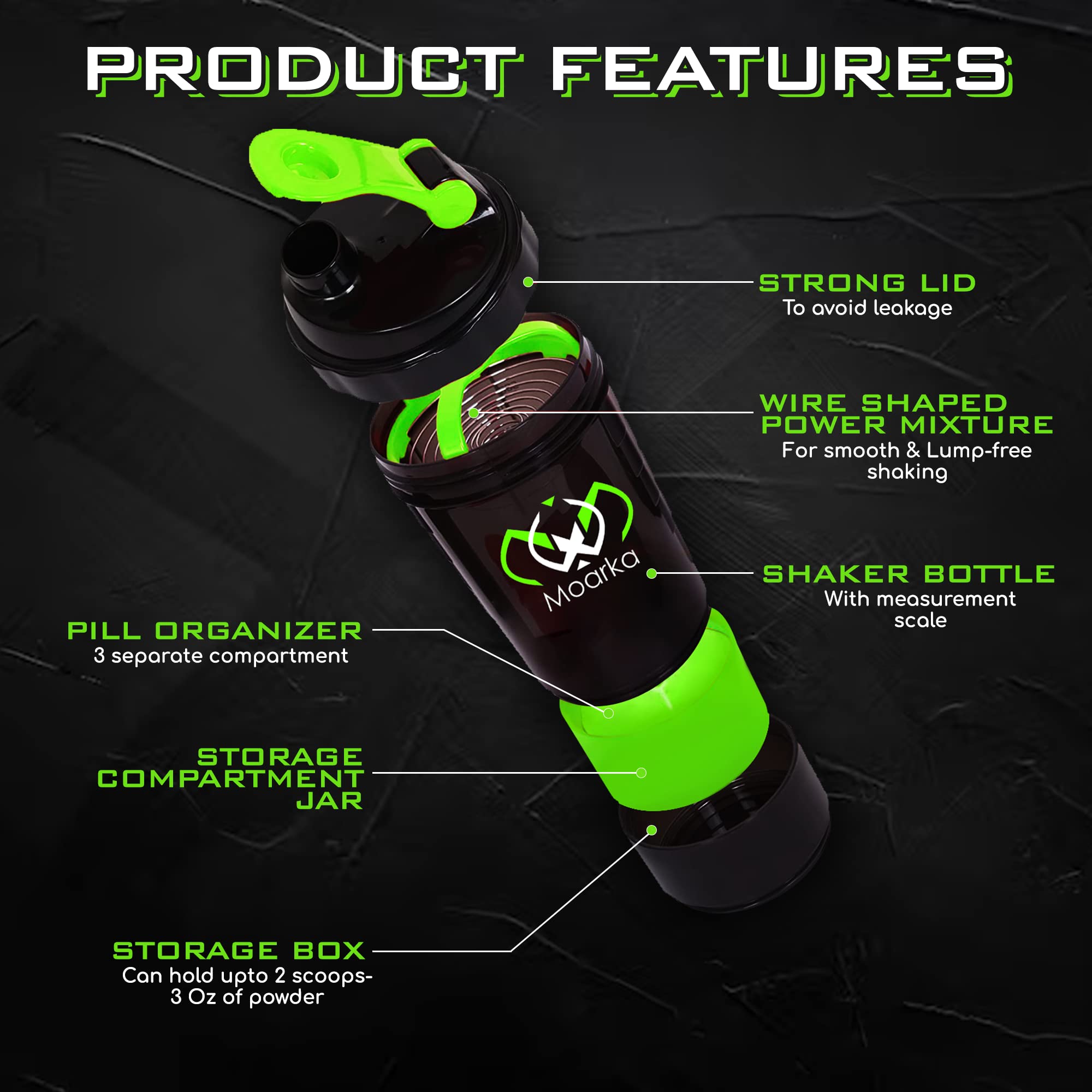 Moarka black and neon green protein shaker bottle with storage showing lid wire mixer pill organizer and jars