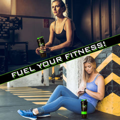 Black and green protein shaker bottle with storage held by fit women in gym for workouts