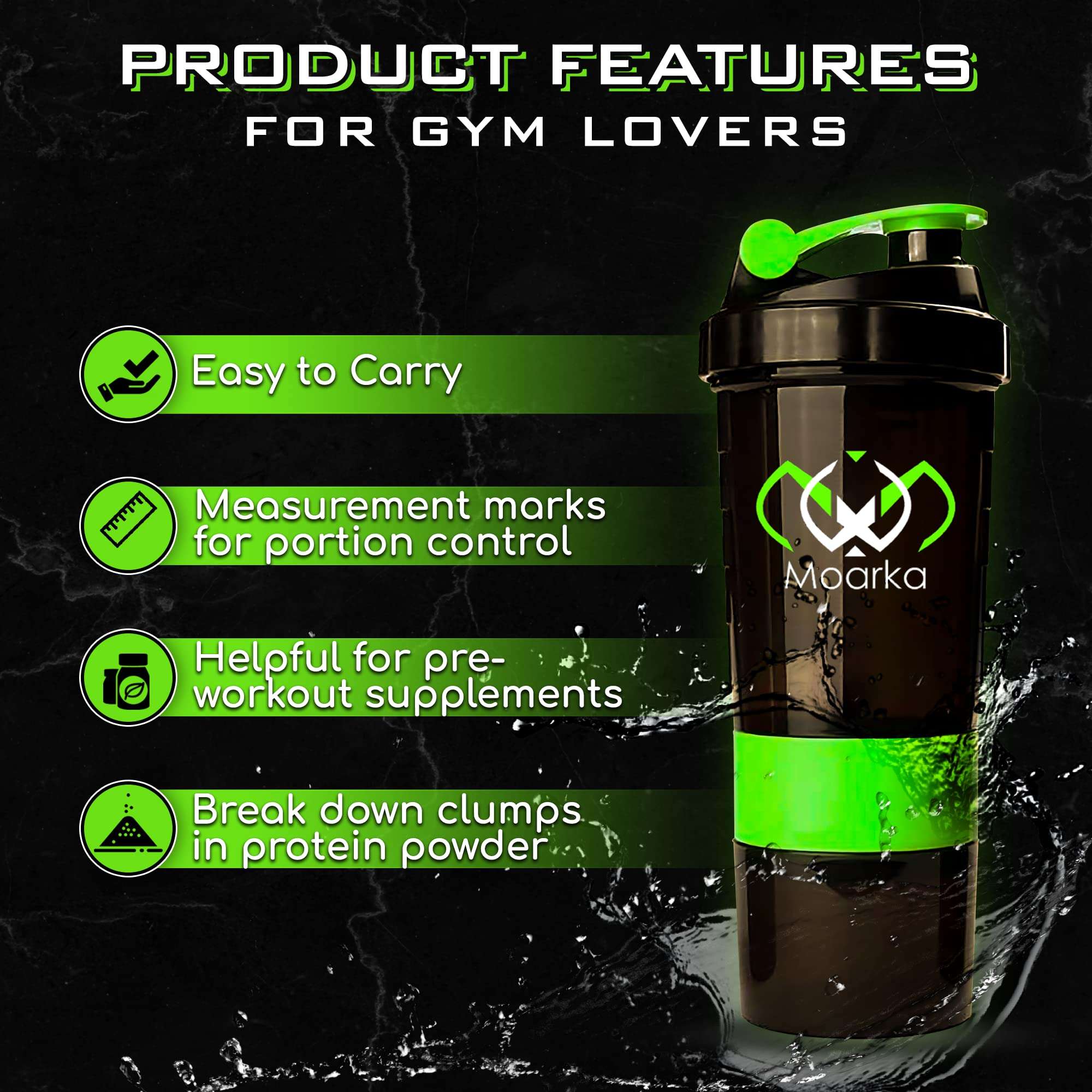 Moarka black and green protein shaker bottle with storage showing measurement marks and feature icons