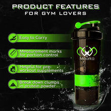 Moarka gym shaker bottle, green and black, with measurement marks and carry-friendly design