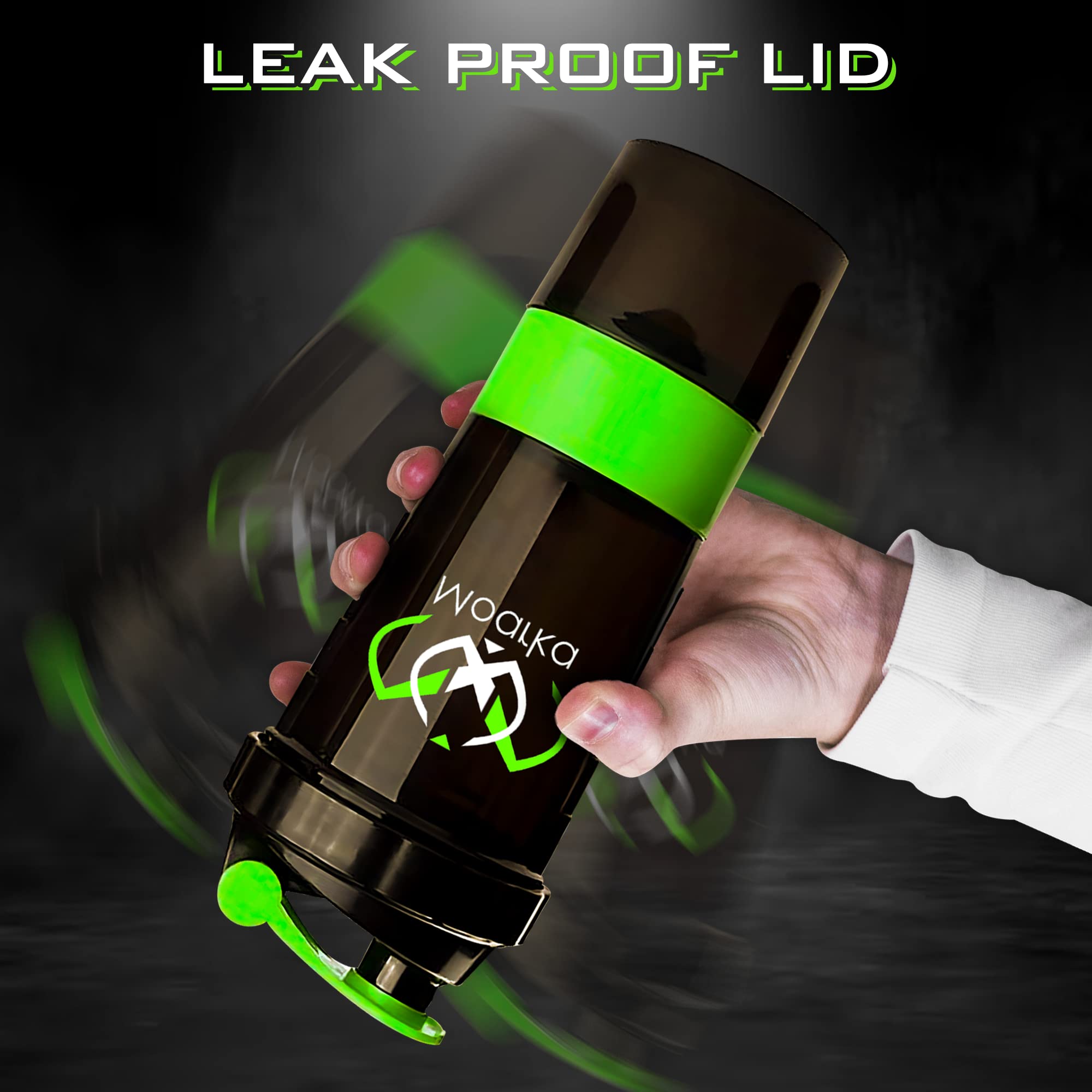 Black and green protein shaker bottle with storage, leak proof lid and detachable compartment shown in hand