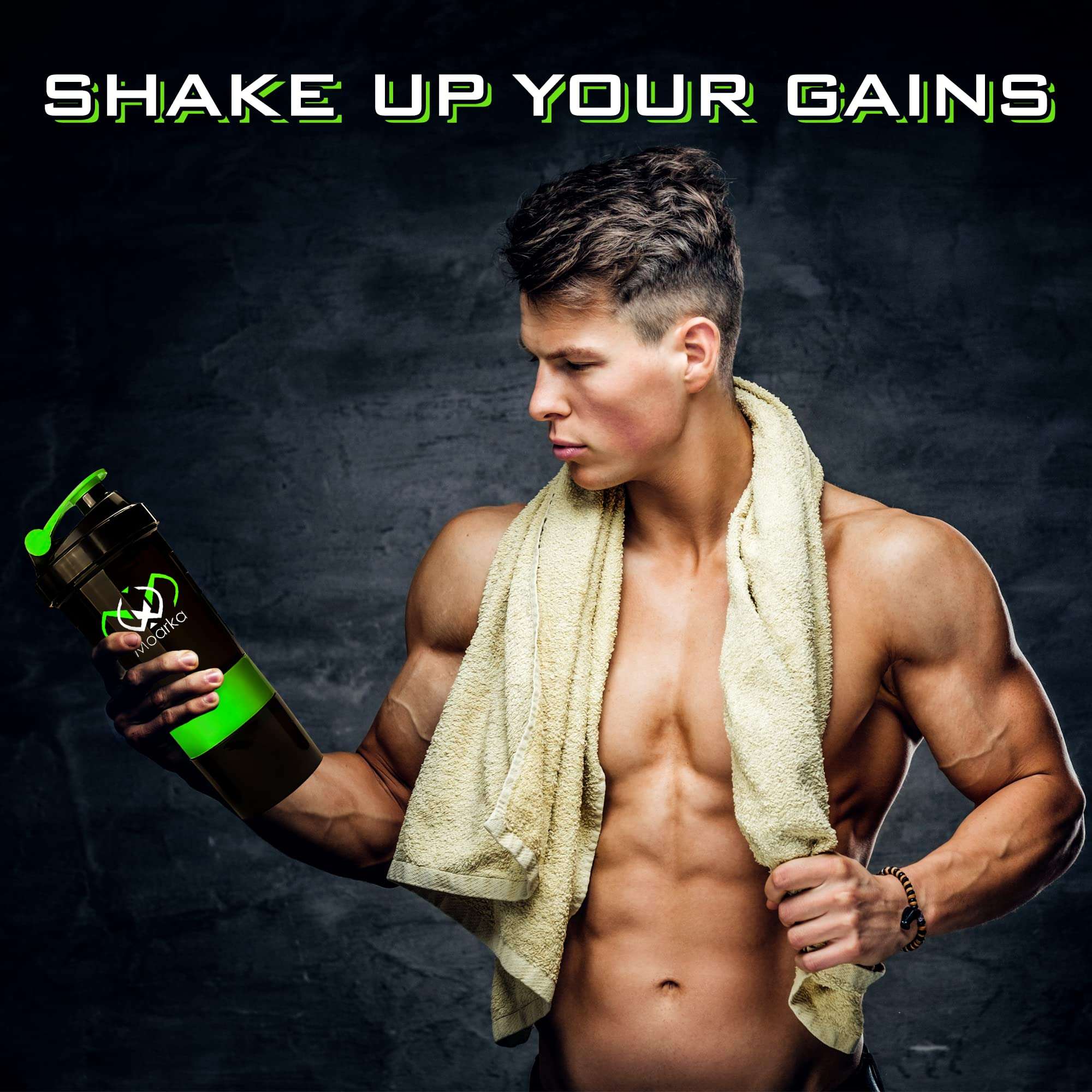 Muscular man with towel holding black and green protein shaker bottle with storage from Visit the Moarka Store