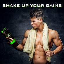 Moarka protein shaker bottle, green and black, held with lid closed for mixing