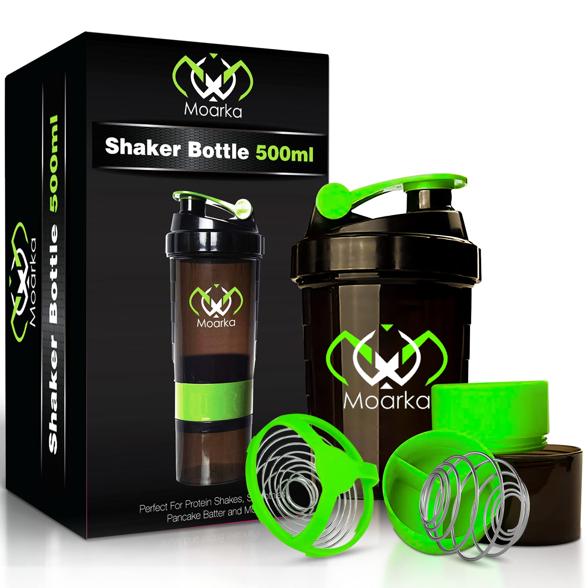 Moarka black and green 500ml protein shaker bottle with storage compartments mixing ball and gift box