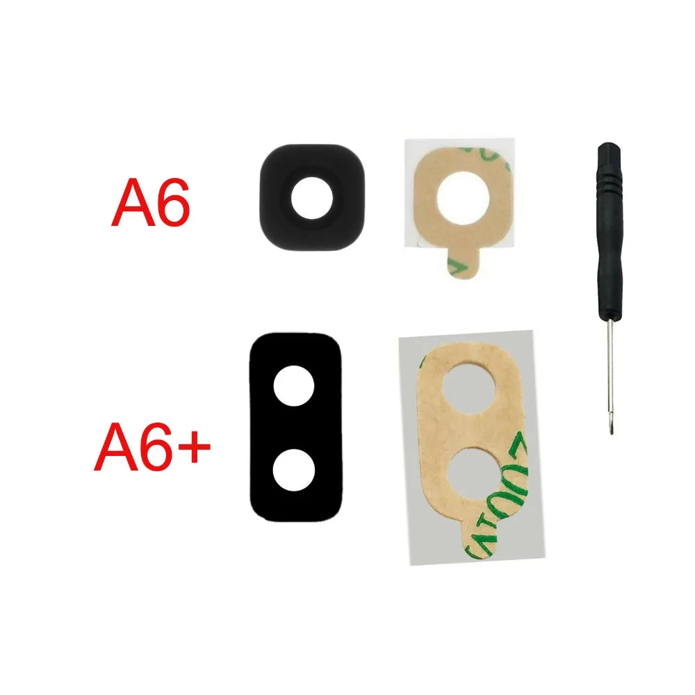 Samsung Galaxy A6 back camera glass replacement set showing A6 and A6 Plus black camera glass adhesive gaskets and screwdriver