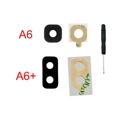 Samsung Galaxy A6 back camera glass replacement set showing A6 and A6 Plus black camera glass adhesive gaskets and screwdriver
