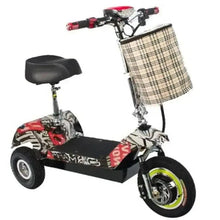 Mobility scooter with black frame, beige plaid basket, and red camouflage deck