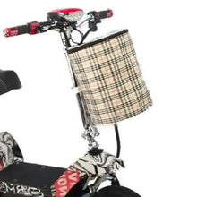 Mobility scooter front basket in beige plaid with handlebars and red grips