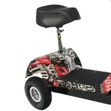 Mobility scooter with black seat and red camouflage front panel