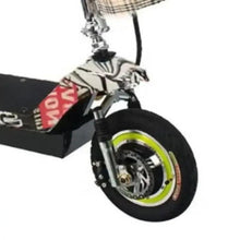 Mobility scooter wheel and front fork with black frame and neon green rim