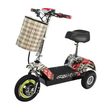 Mobility scooter with beige plaid front basket and black adjustable seat