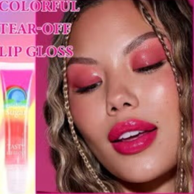 Huitich rainbow lip gloss colorfully applied on lips with matching eye makeup and braided hair