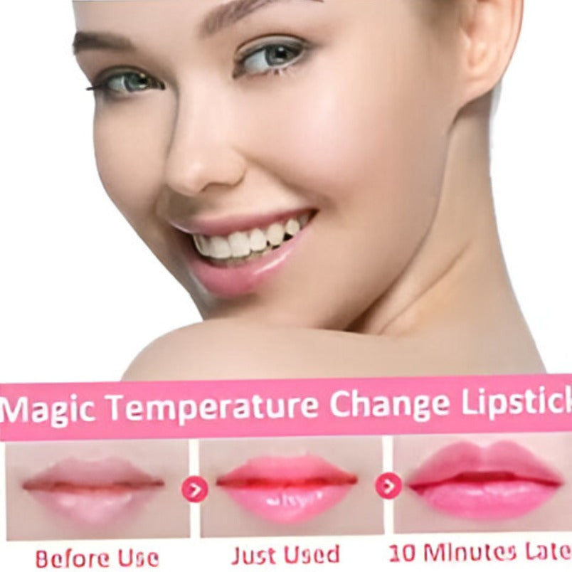 Huitich rainbow lip gloss showing magic temperature change on lips before use and after 10 minutes