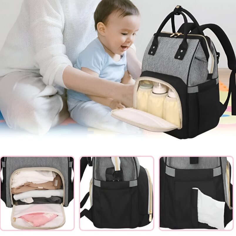 Huitich modern baby travel bag in gray and black with multiple compartments and insulated bottle holders