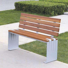 Slatted wooden bench with backrest, light gray metal pedestal legs