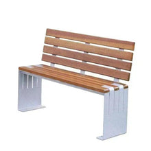 Slatted wooden bench seat with matching backrest, light gray metal legs