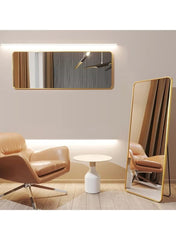 Huitich modern decorative floor mirror 145x35 with gold frame in stylish living room setting