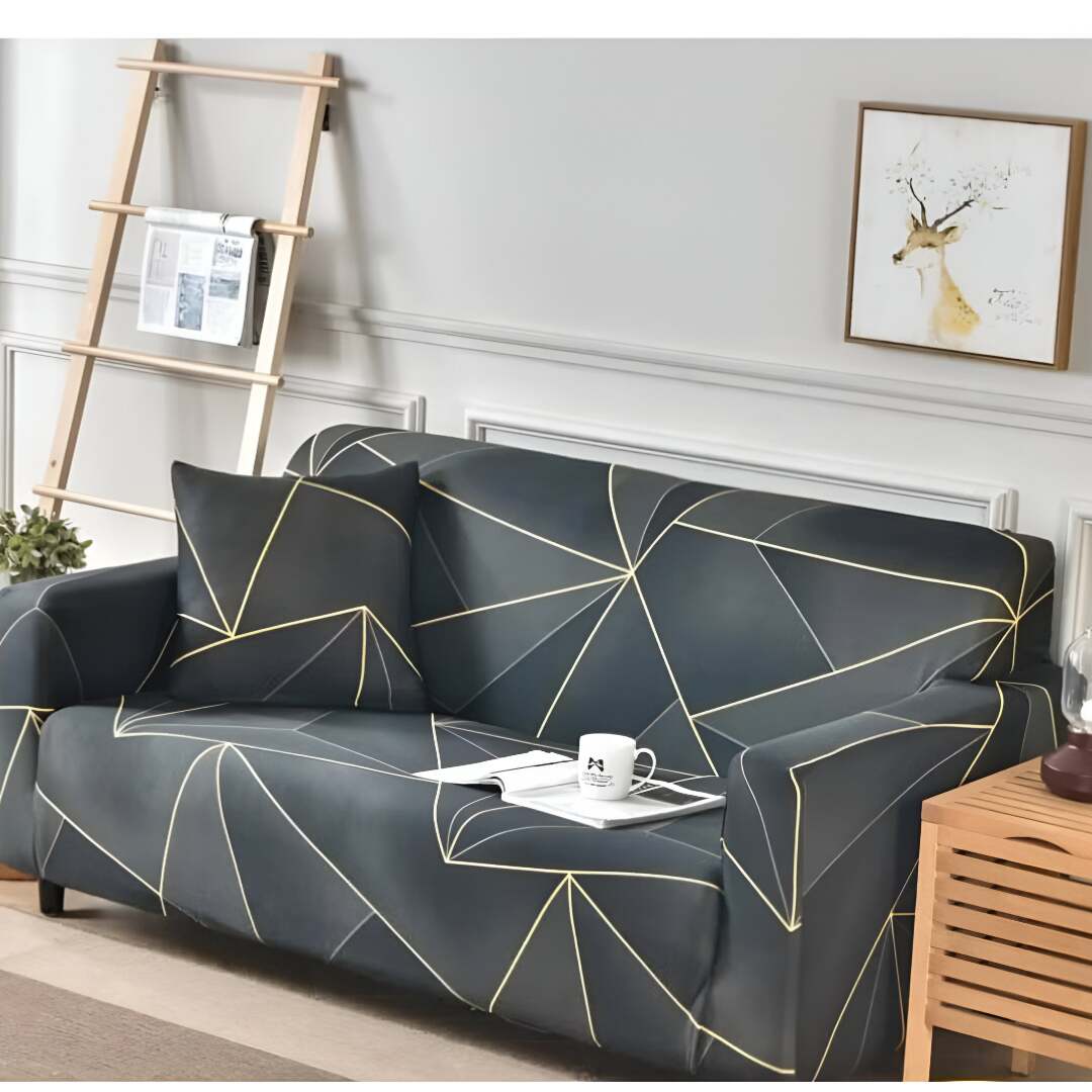 Huitich elastic double seat couch cover in dark gray with geometric yellow lines pattern on sofa