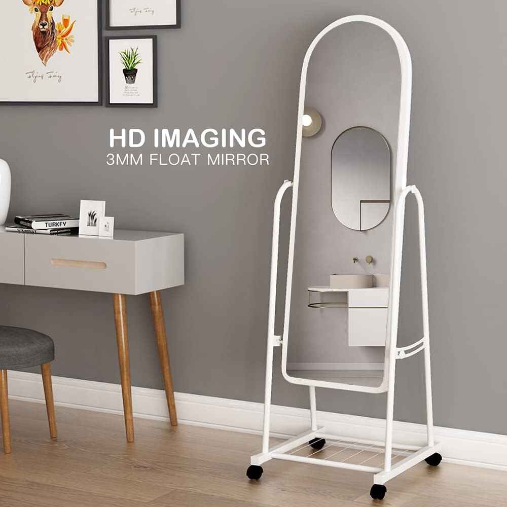 Huitich reflections floor modern floor mounted mirror with white frame and caster wheels in a gray room