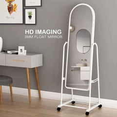Huitich reflections floor modern floor mounted mirror with white frame and caster wheels in a gray room