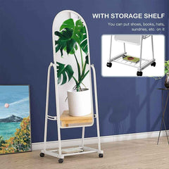 Huitich modern floor mounted mirror with white frame and storage shelf on wheels for easy organization
