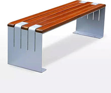 Outdoor bench with wood slat seat and white metal side supports