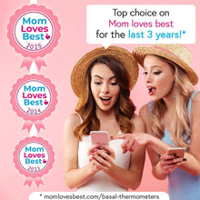 Basal body thermometer promotional banner with badges and two women holding phones