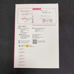 Back of MOMMED HCG midstream pregnancy test box with instructions diagrams icons and warnings