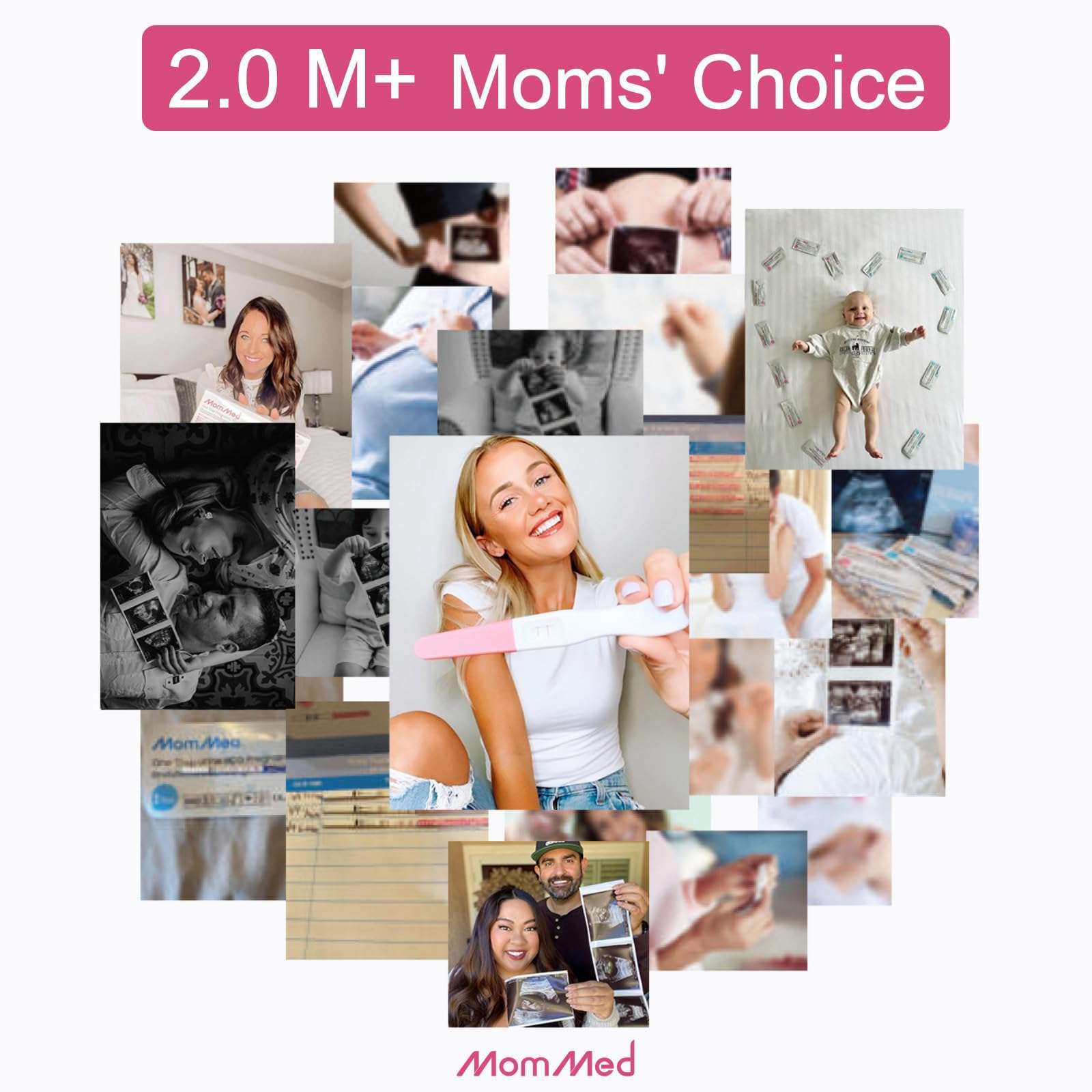 MOMMED HCG midstream pregnancy test shown in a heart collage of ultrasounds baby photos and a smiling woman holding positive test