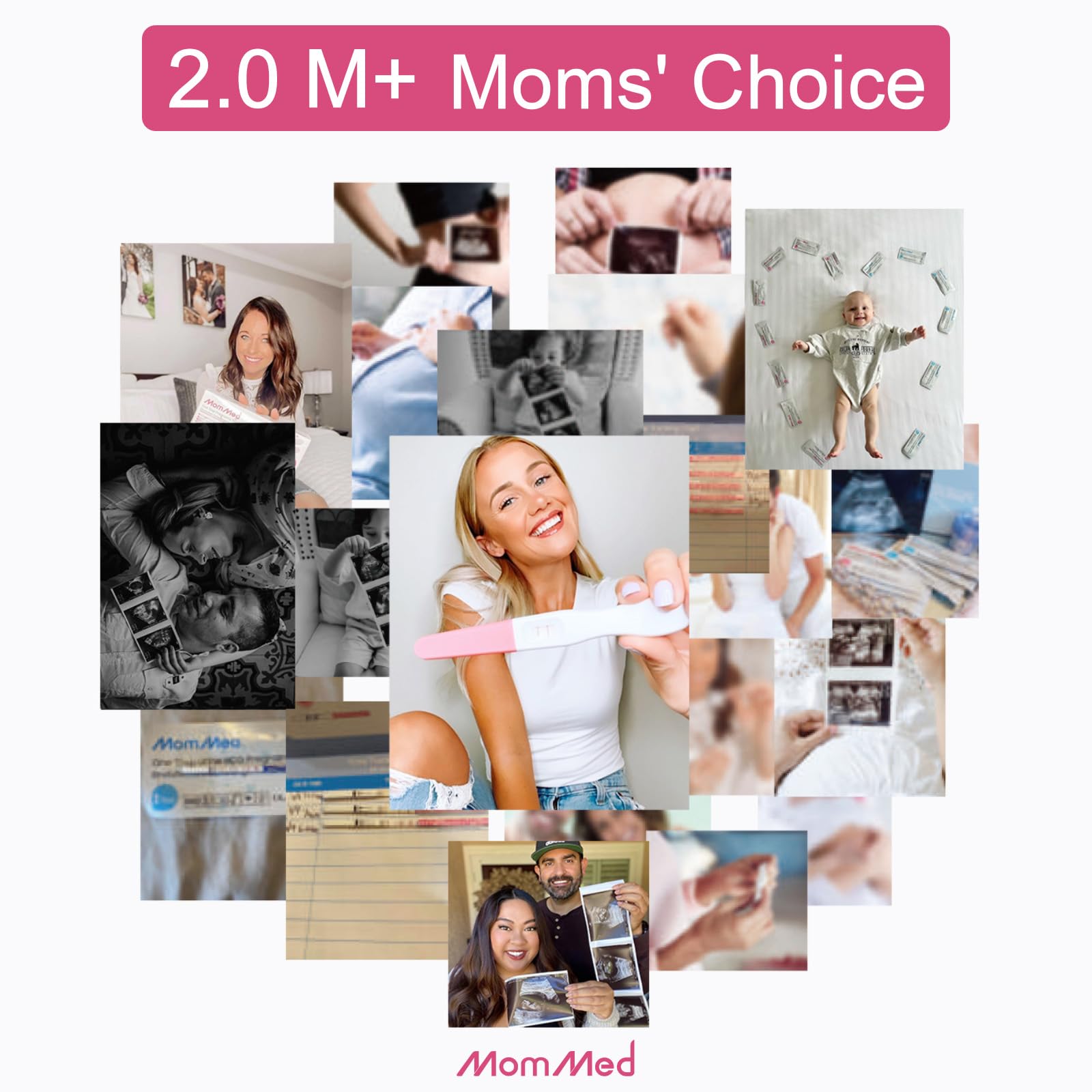 MOMMED HCG midstream pregnancy test shown in a heart collage of ultrasounds baby photos and a smiling woman holding positive test