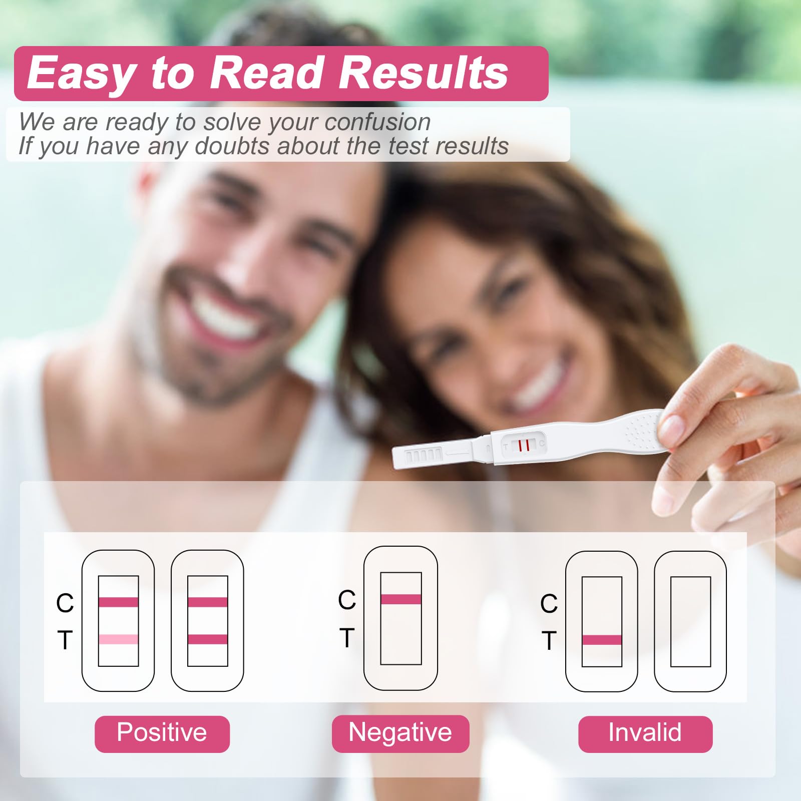Smiling couple with MOMMED HCG midstream pregnancy test showing two lines and result guide for positive negative invalid