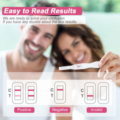 Smiling couple with MOMMED HCG midstream pregnancy test showing two lines and result guide for positive negative invalid