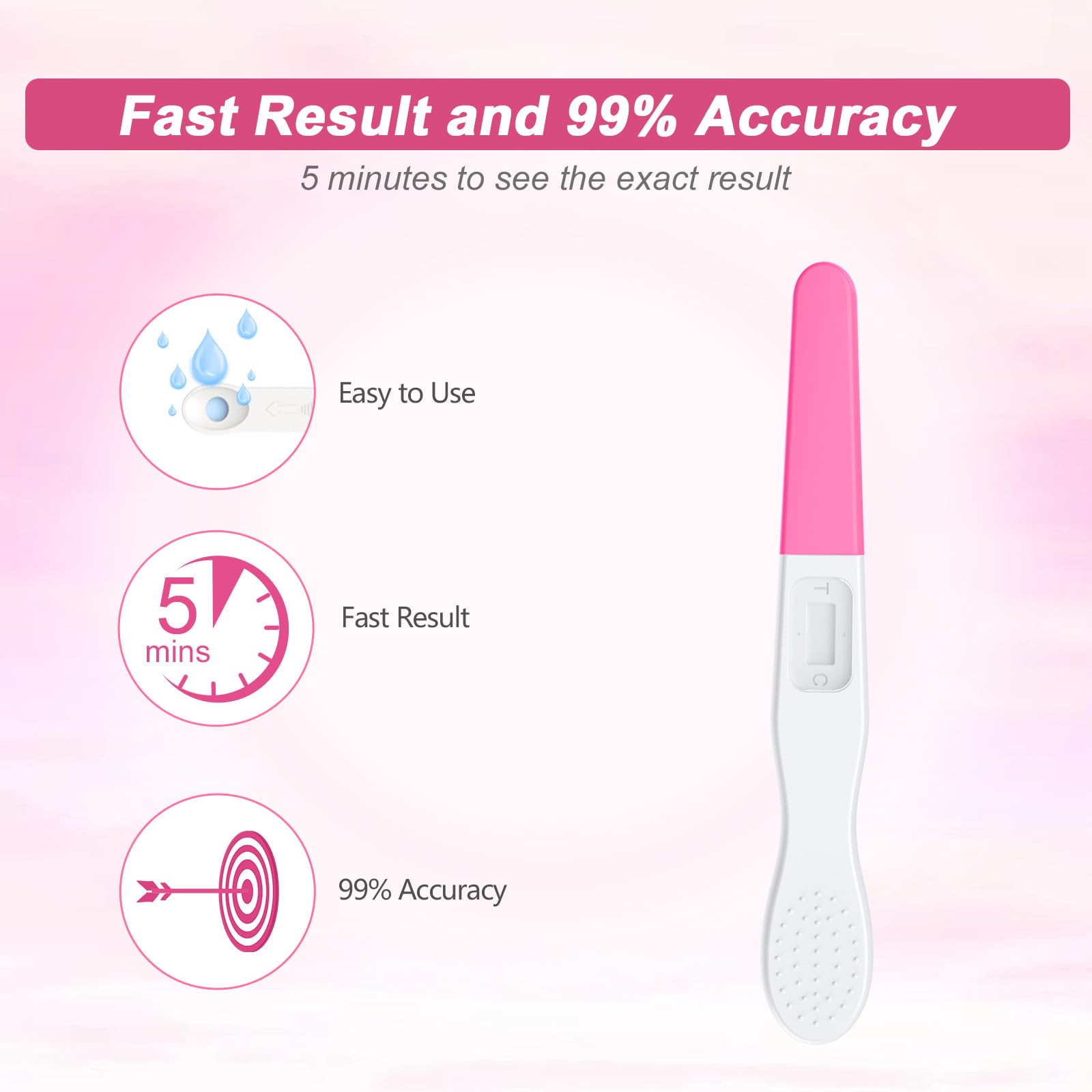MOMMED HCG midstream pregnancy test pink cap device showing fast 5 minute results and 99 percent accuracy