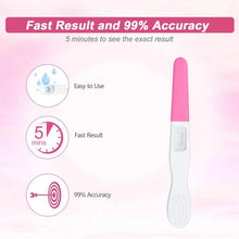 Pregnancy test device with pink handle, indicator window, and use icons.