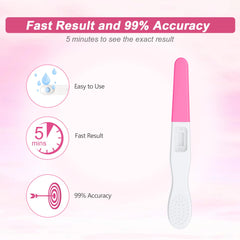 MOMMED HCG midstream pregnancy test pink cap device showing fast 5 minute results and 99 percent accuracy