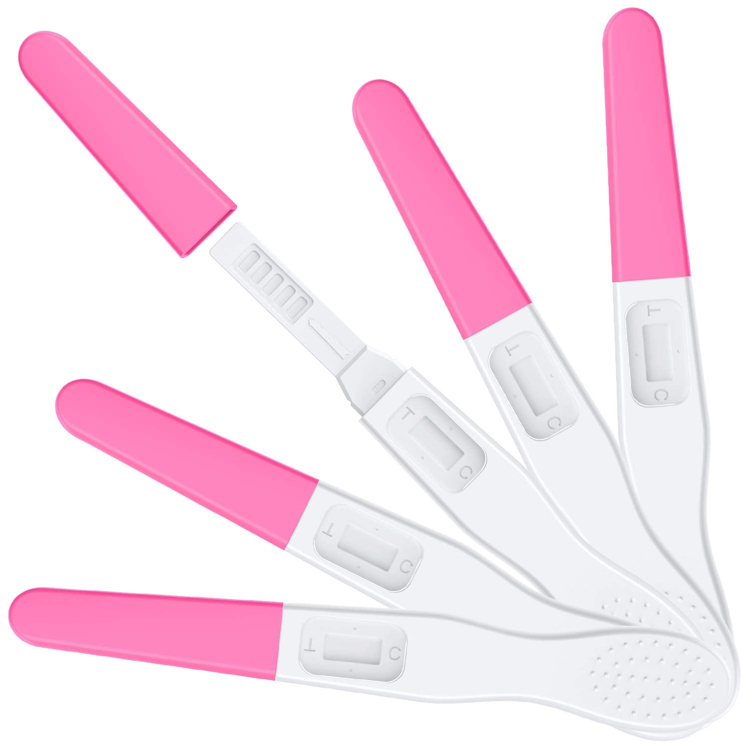 MOMMED HCG midstream pregnancy test five pink capped white tests fanned display one open showing absorbent tip