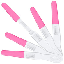 Pink-and-white midstream pregnancy test sticks, five-pack with test windows