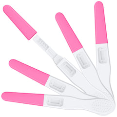 MOMMED HCG midstream pregnancy test five pink capped white tests fanned display one open showing absorbent tip