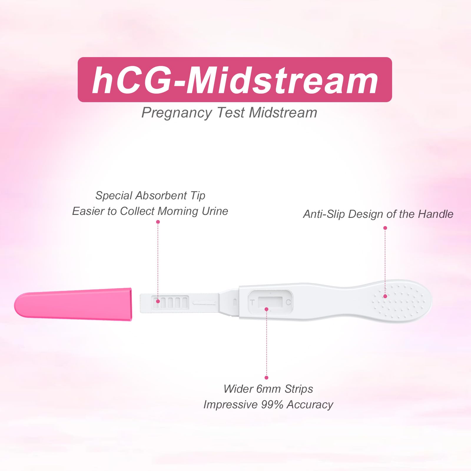 MOMMED HCG midstream pregnancy test showing white test stick with pink cap absorbent tip anti slip handle