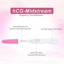 Pink-and-white hCG midstream pregnancy test device with absorbent tip and handle