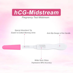 MOMMED HCG midstream pregnancy test showing white test stick with pink cap absorbent tip anti slip handle