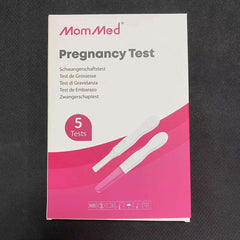 Box of MOMMED HCG midstream pregnancy test 5 pack with white and pink packaging showing two test sticks