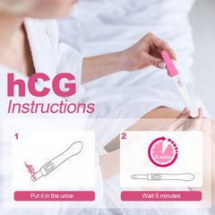 MOMMED HCG midstream pregnancy test pink midstream stick held by woman with instructions to put in urine and wait 5 minutes