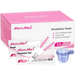 MomMed ovulation test strips with collection cups boxed kit showing 50 tests individual strips and plastic cup