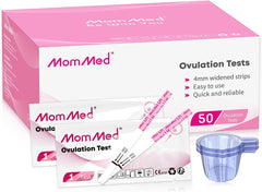 MomMed ovulation test strips with collection cups box showing individual test strips packets and a blue plastic collection cup