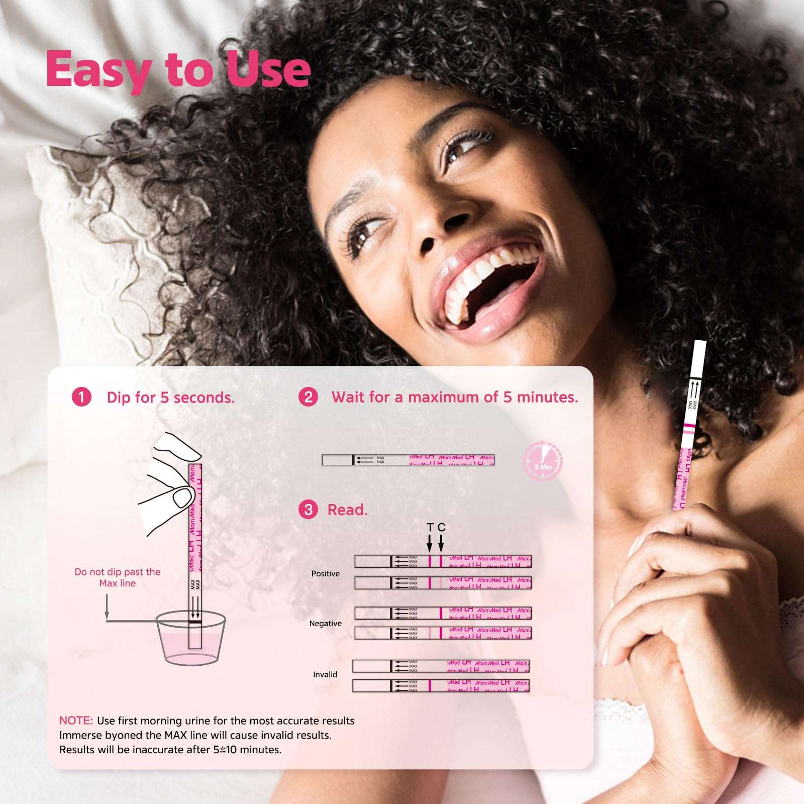 Smiling woman holding MomMed ovulation test strips with collection cups. Illustrated dip for 5 seconds and read steps overlay