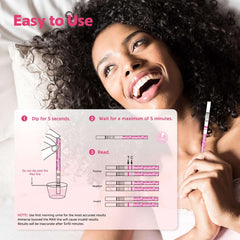Smiling woman holding MomMed ovulation test strips with collection cups. Illustrated dip for 5 seconds and read steps overlay